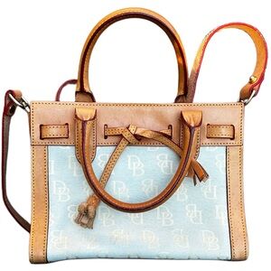 Dooney & Bourke ALTO Light Aqua Blue & Tan Logo Jacquard Satchel tanLeather Trim
